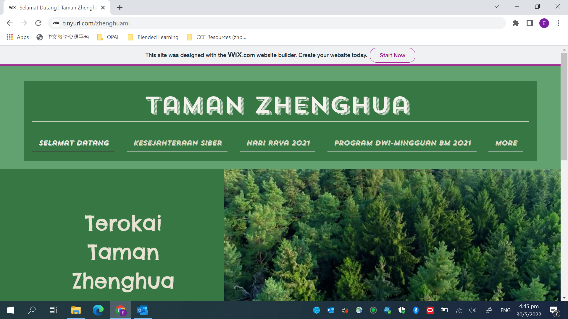 A Wix website titled Taman Zhenghua with a green theme, navigation menu, and a forest aerial photo.